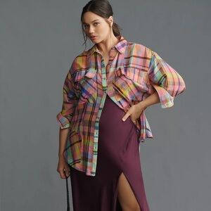 NWT Pilcro 3X Plus Long-Sleeve Mixed Madras Plaid Oversized Buttondown Shirt